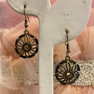 Bronze Flower Dangle Earrings Brown Rhinestone Core Bohemian Boho